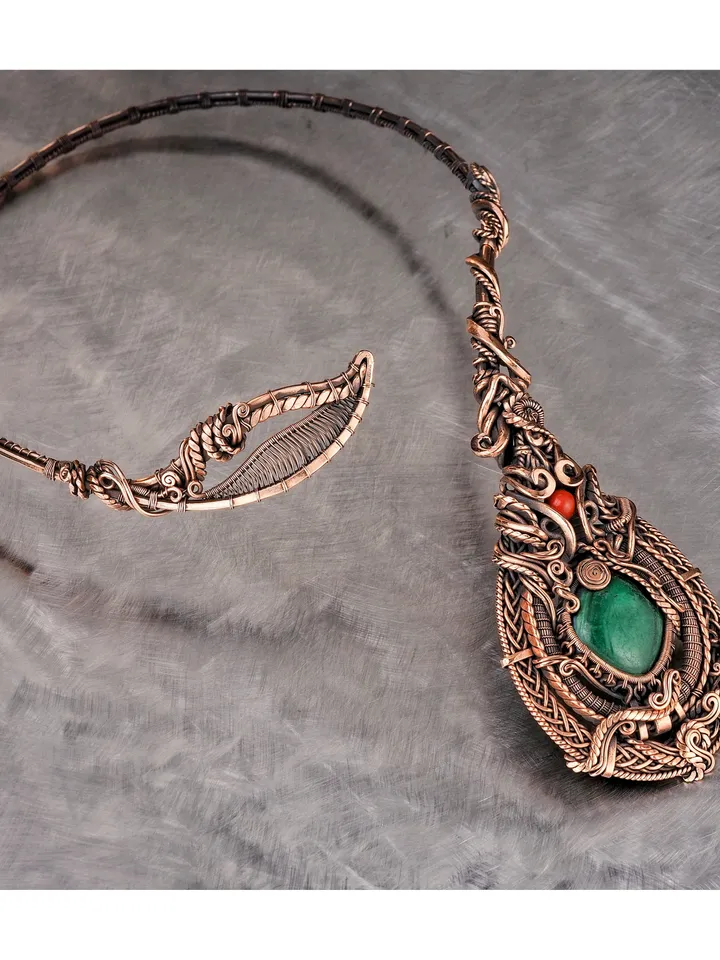Malachite and jasper collar necklace Unique wire wrapped copper open choker for woman Artisan jewelry Wire Wrap Art