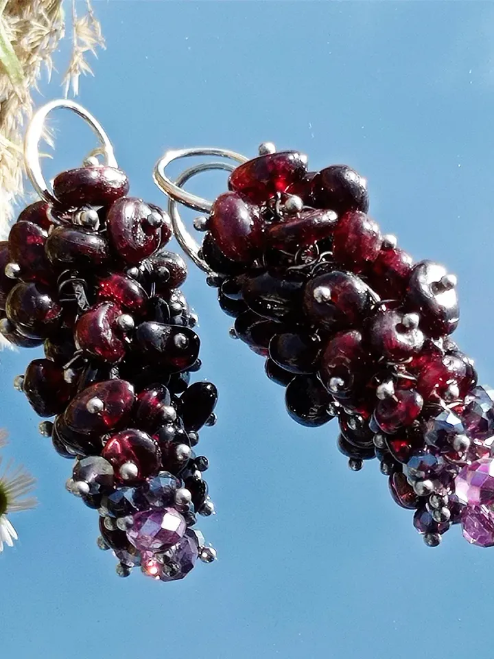 Unique handmade Garnet dangle earrings, earlobe earrings, earrings for girlfriend, earrings made of stones and bead