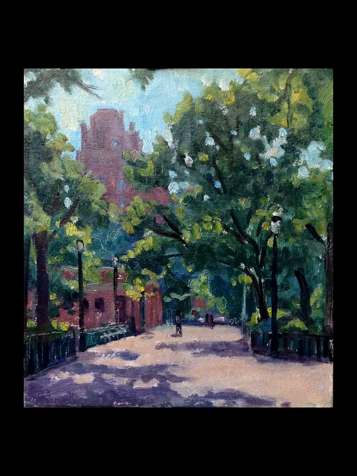 East Village Oil Painting Landscape -Morning Light/Tompkins Square Park/NYC- 7x7 Oil on Panel, New York City Impressionism, Signed Original