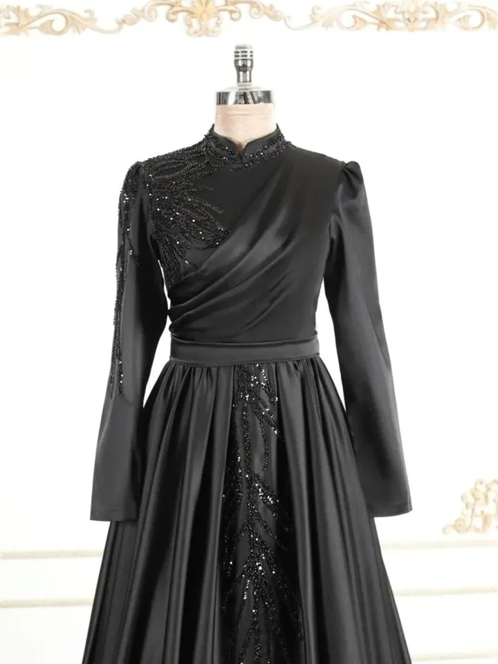 AHUNARE HIJAB - Hürrem Black Embroidered Wedding Dress, Muslim Evening Gown, Nikah, Islamic Wedding, Engagement, Bridesmaid,