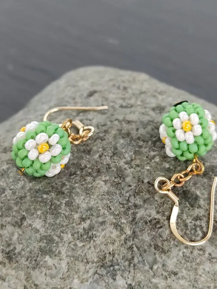 Green Ball Earrings Daisy earrings Little Daizy Tiny Earrings drop dangle earring balls on chain