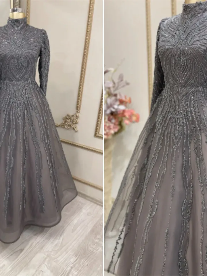 AHUNARE HIJAB - Masal Yarım Daire Smoked Embroidered Wedding Dress, Muslim Evening Gown, Nikah, Islamic Wedding, Engagement, Bridesmaid,