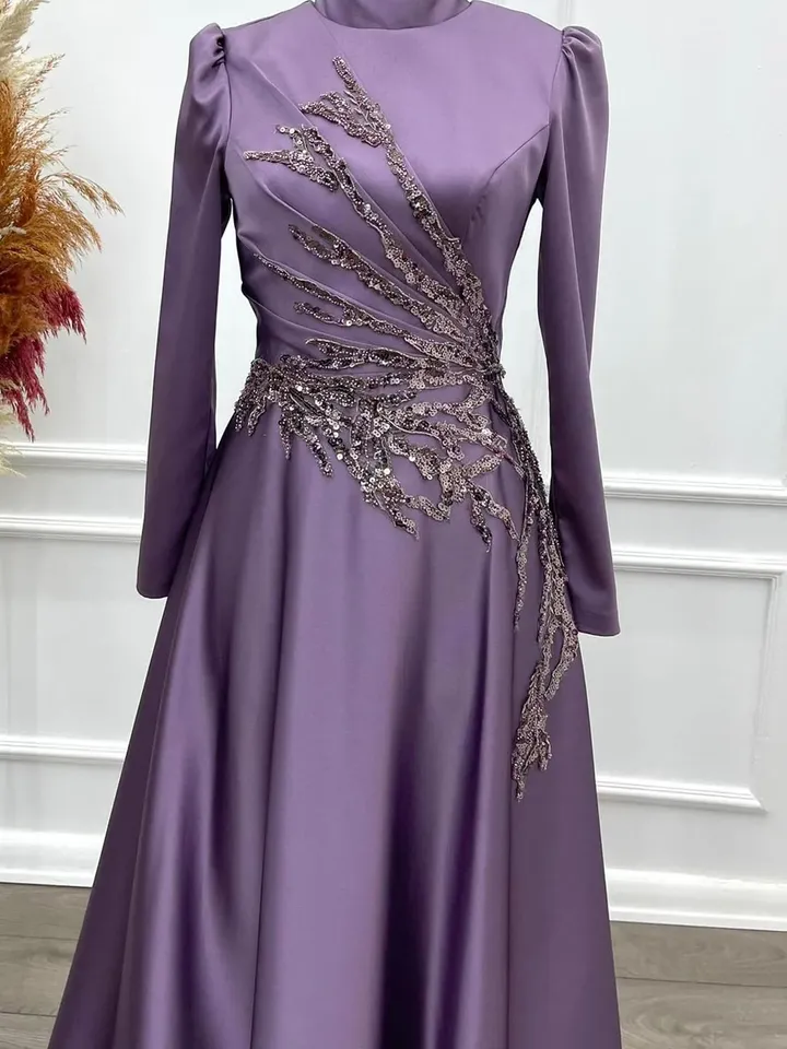 Kristal Ahunare Lilac Embroidered Wedding Dress, Muslim Evening Gown, Nikah, Islamic Wedding, Engagement, Bridesmaid, Maxi Dress