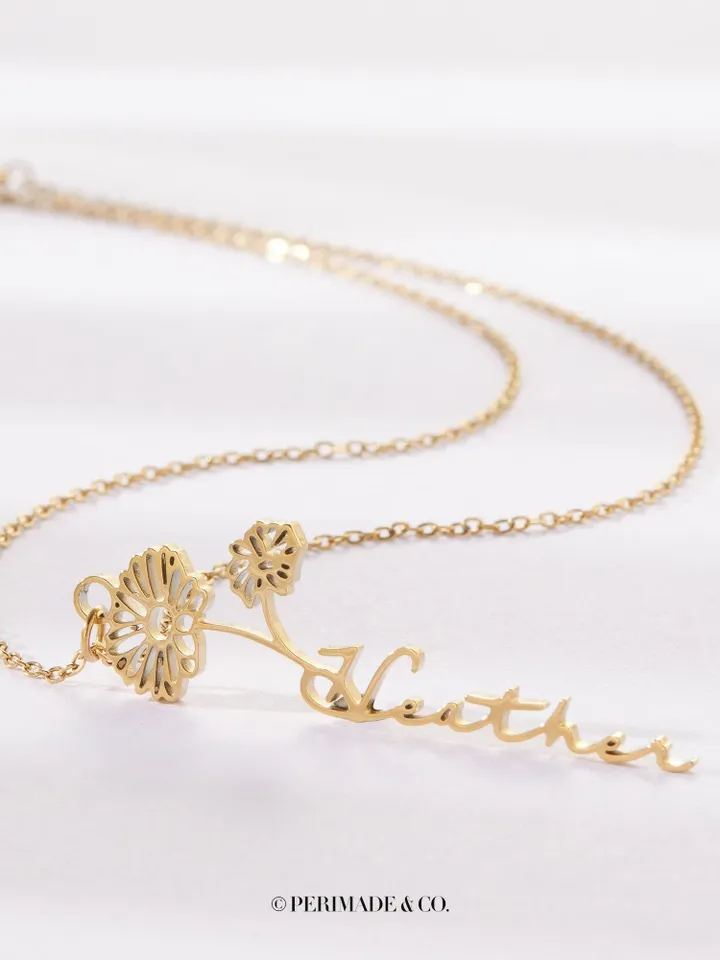 PERIMADE Birth Flower Name Necklace • Gold Custom Name Necklace • Sentimental Best Friend Jewelry • Trendy Best Friend Gift