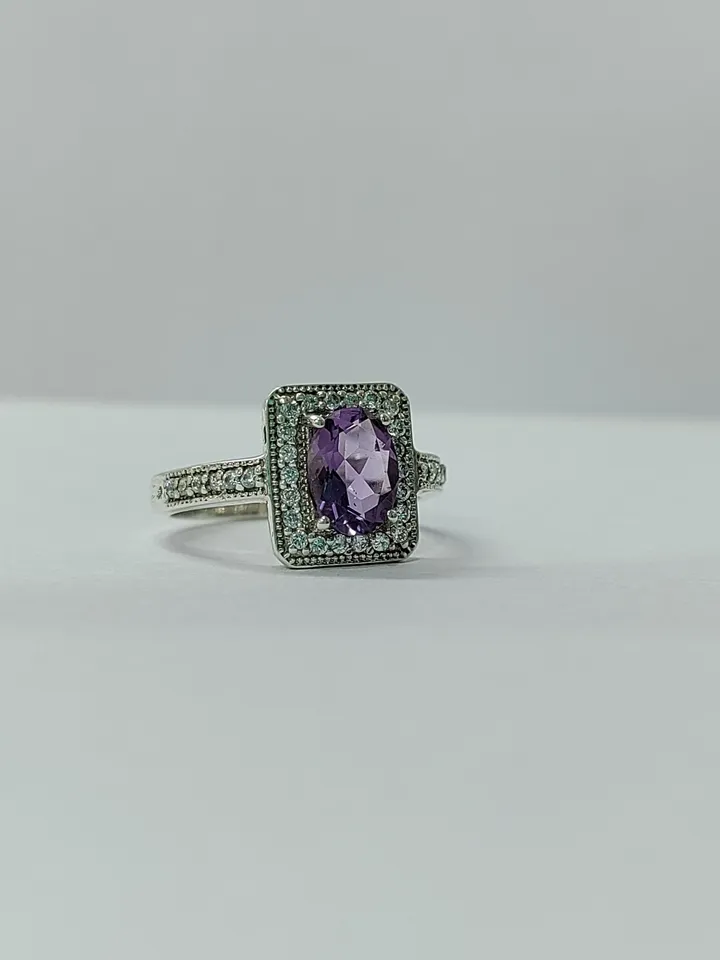 Natural Amethyst Ring, Engagement Ring, Pave CZ Ring, 925 Sterling Silver Ring, Purple Amethyst Wedding Ring, Bridal Jewelry, Oval Cut Ring