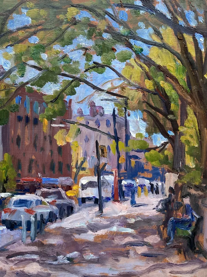 Original New York Oil Painting - Summer Light/Inwood/NYC- 10x10 Oil on Panel, Plein Air Impressionist Cityscape, Signed Original Fine Art