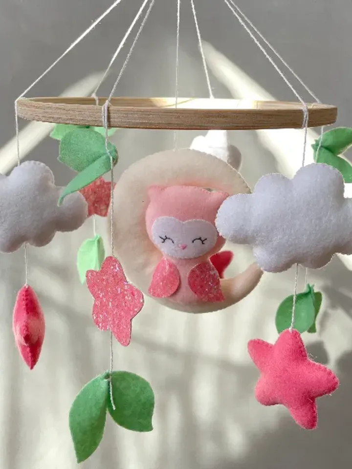 Owl crib mobile girl pink, Woodland baby mobile girl, Pink and mint nursery woodland decor