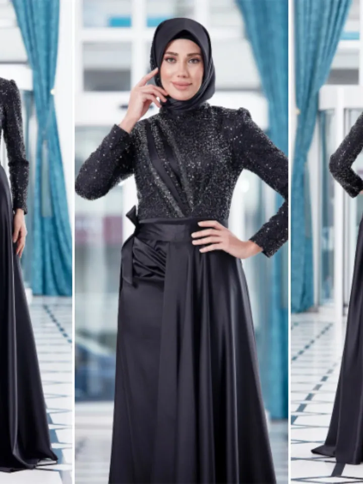AHUNARE HIJAB - Balık Saten Black Satin Mermaid Wedding Dress, Muslim Evening Gown, Nikah, Islamic Wedding, Engagement, Bridesmaid,