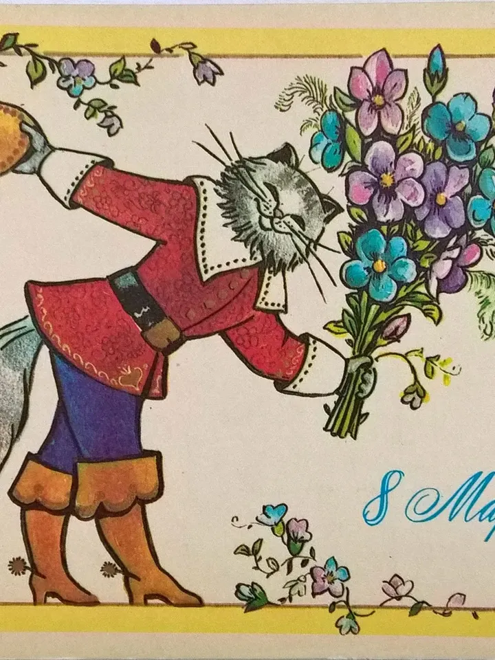 Fairy cat in boots with a bouquet of flowers on a postcard, Photo art, Soviet Union Vintage Postcard, USSR, 1984