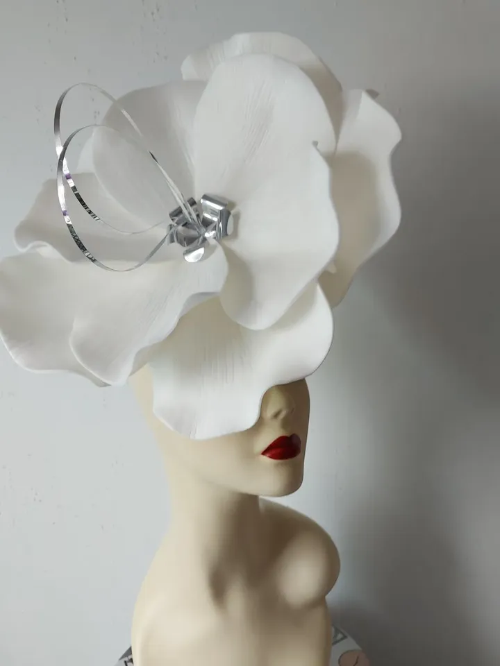 Large flower fascinator White bridal headband Mirror bloom wedding accessory Church Hat custom hat design 2024