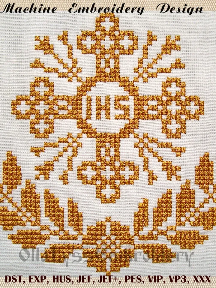 Christian cross with floral border machine embroidery design