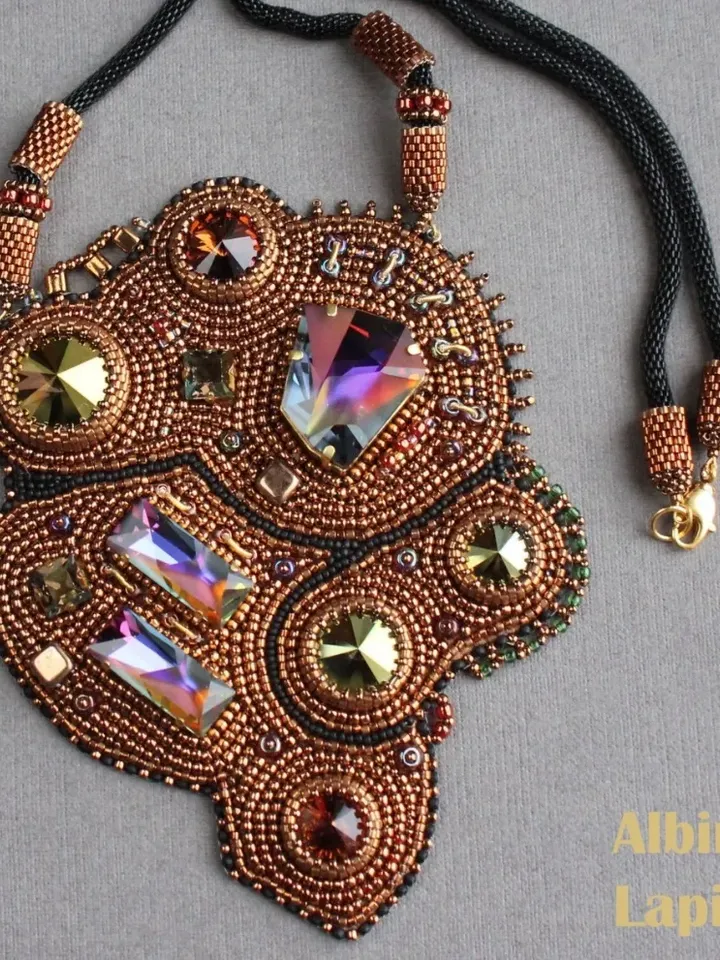 Embroidered necklace crystal pendant beaded necklace boho necklace handmade necklace abstract necklace