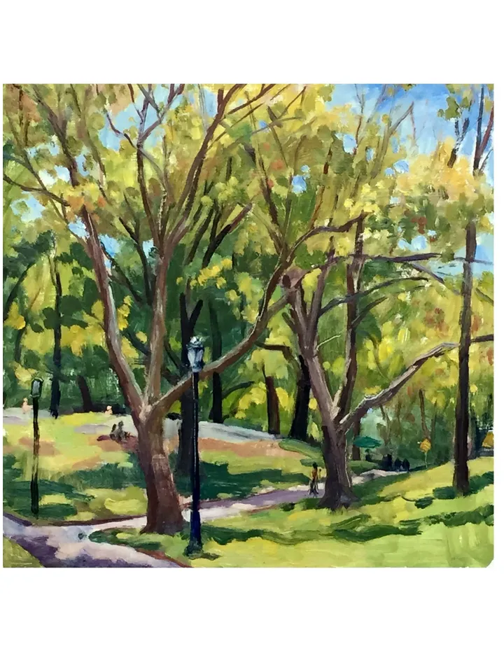 Central Park Landscape Painting -Toward the Shakespeare Playhouse/NYC- 10x10 Oil on Panel, New York Impressionist Fine Art, Signed Original