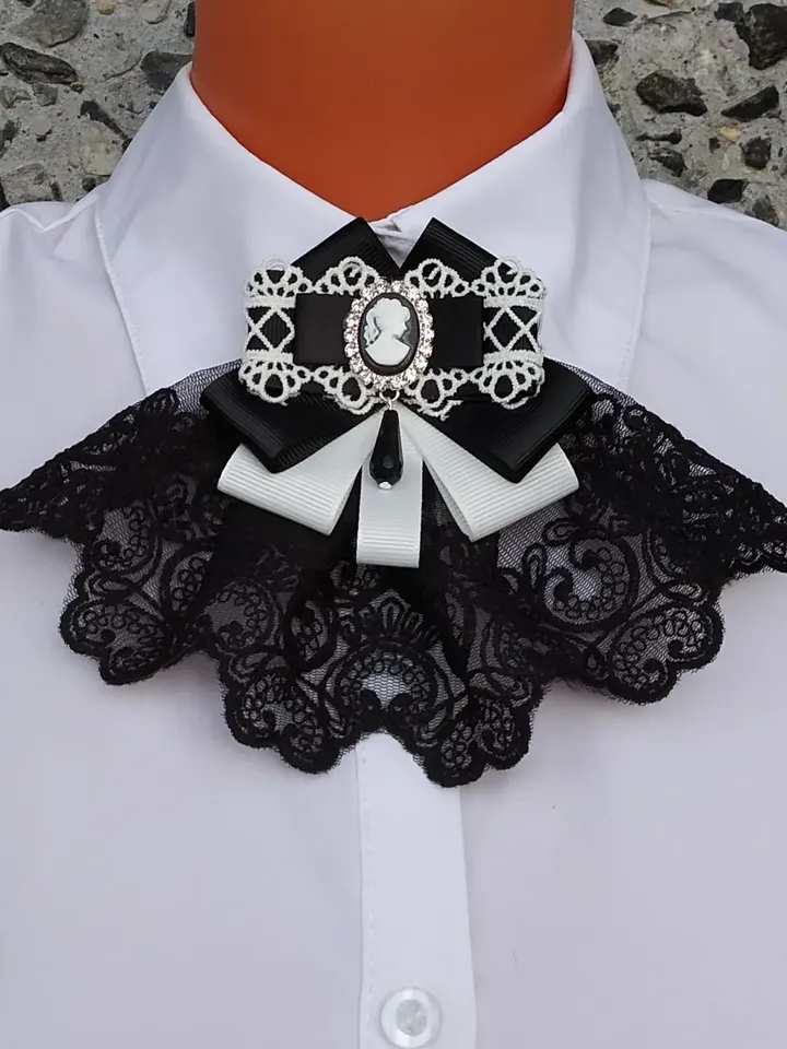 Victorian goth jabot black white Bow tie brooch with cameo for women