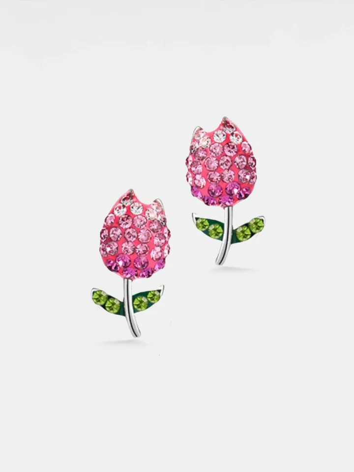 PERIMADE Crystal Tulip Stud Earrings • Pink Tulip Flower Statement Earrings • Sterling Silver Friendship Jewelry • Trendy Best Friend Gift