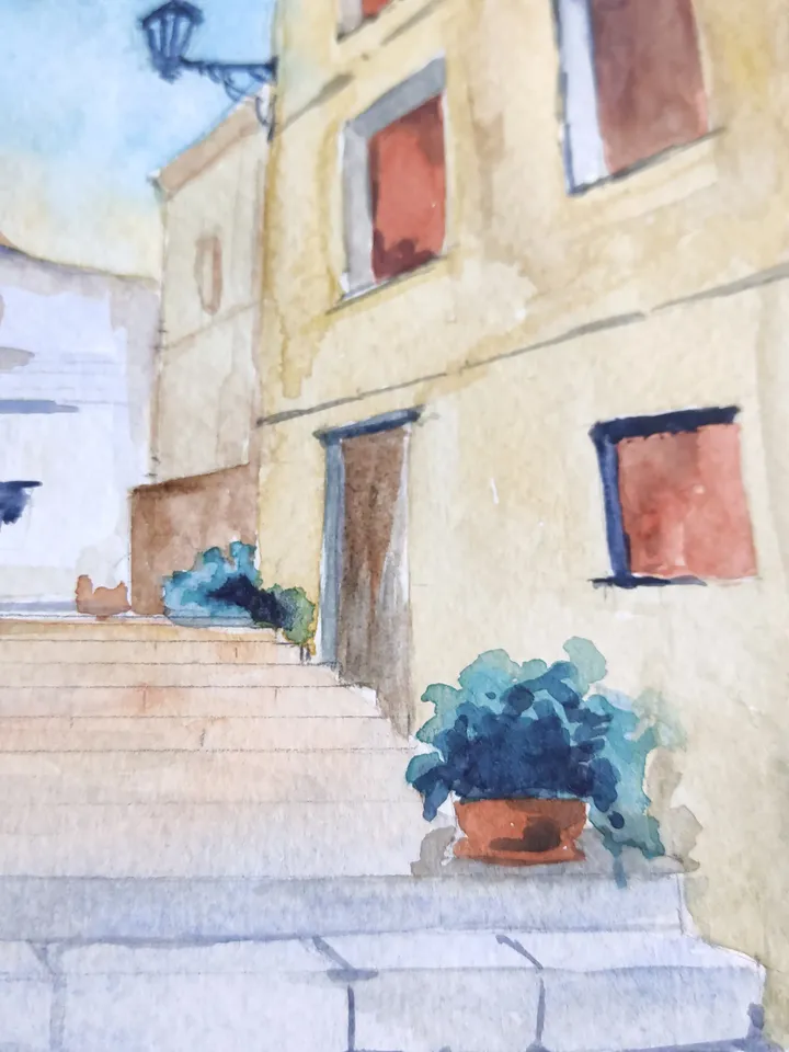 Italian flower Street Painting Original Watercolor Art landscape Miniature Artwork painting