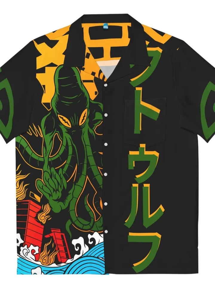 Cthulhu Kaiju Hawaiian Shirt | Dungeons and Dragons Fantasy All-Over-Print Shirt, Button Up Cthulhu Mythos Top, Kaiju Monster Bowling Shirt