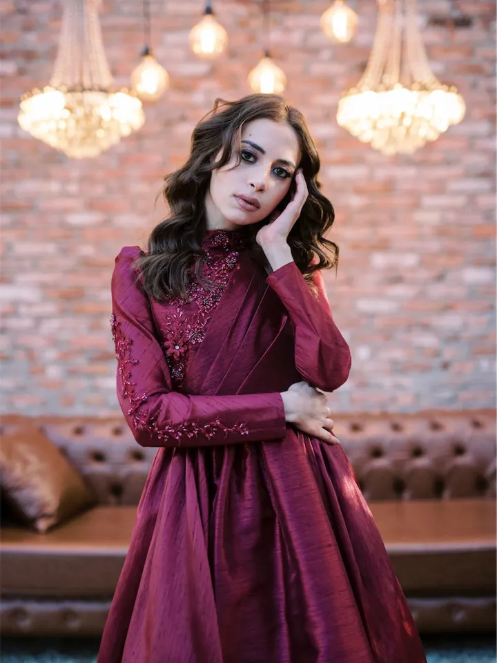 AHUNARE HIJAB - Şakayık Burgundy Taffeta Princess Wedding Dress, Muslim Evening Gown, Nikah, Islamic Wedding, Engagement, Bridesmaid,
