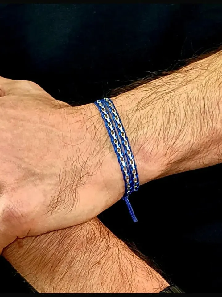 Solid Silver Chain Twisted Blue Bracelet, Adjustable Two Line Clingy Wristlet, Christmas Jewelry, Gift for Men and Women, Minimal Style