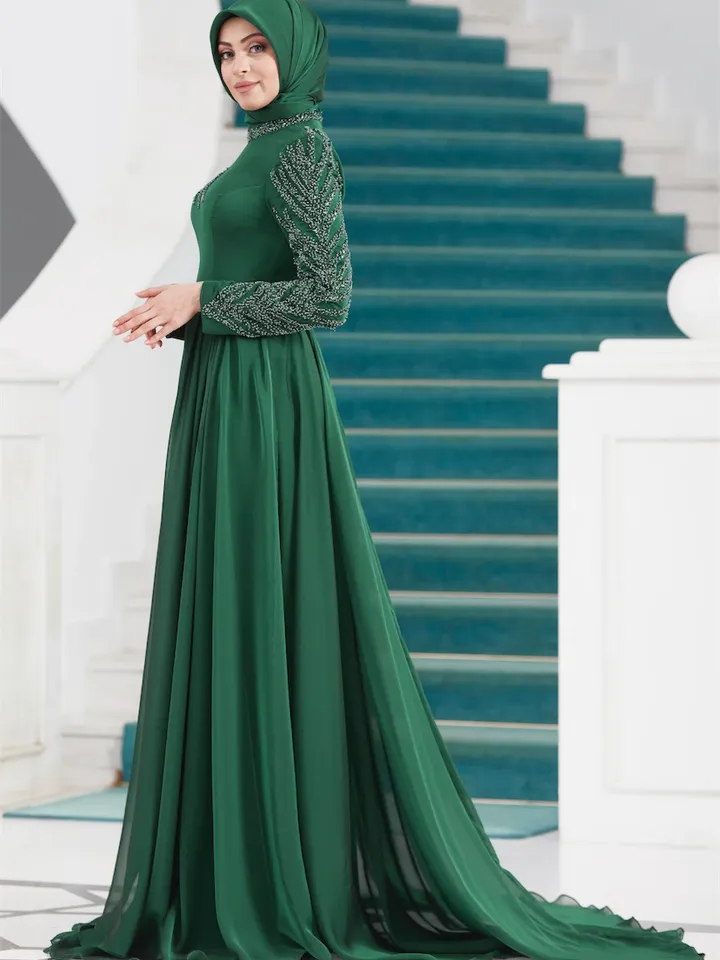 AHUNARE HIJAB - Liz  Green Chiffon Wedding Dress, Muslim Evening Gown, Nikah, Islamic Wedding, Engagement, Bridesmaid,