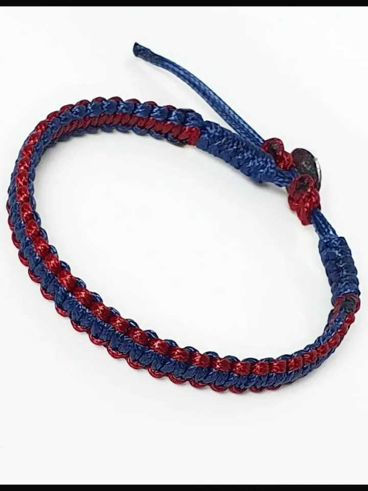 Dark Red and Blue Minimalist Bracelet with Silver Button, Adjustable Closured Wristlet, Stylish Valentine's Present for Men, Macrame art