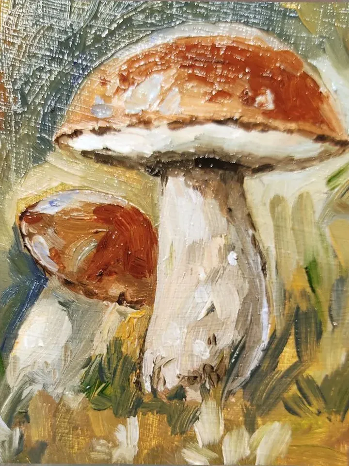 Mushrooms painting original oil art miniature framed ready to hang 4 by 4 forest artwork