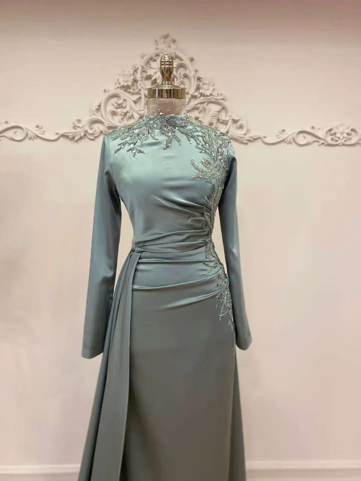 Eda Mint Satin Embroidered Side-Tailed Ahunare Wedding Dress, Muslim Evening Gown, Islamic Wedding, Engagement, Bridesmaid, Maxi Dress