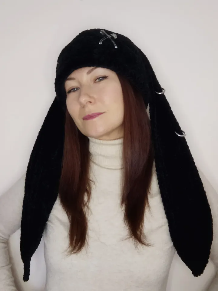 Fluffy bunny hat goth with long ears Black bunny beanie hand knit Plush bunny hat adults