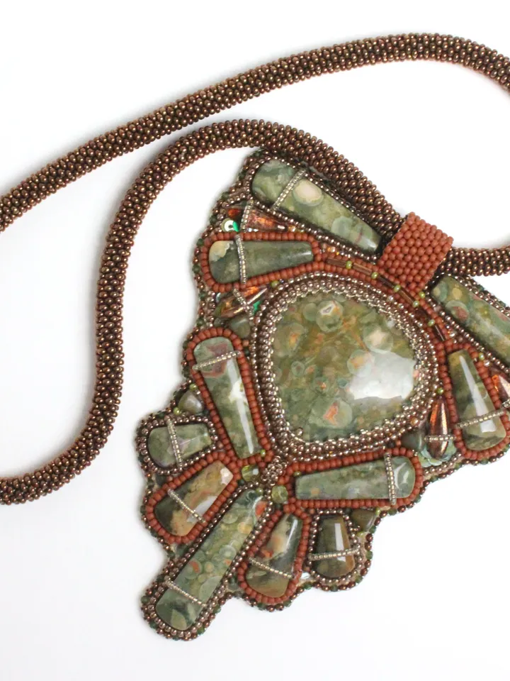 Necklace with ocean jasper embroidered with beads green beaded ethnic pendant talisman amulet boho jewelry