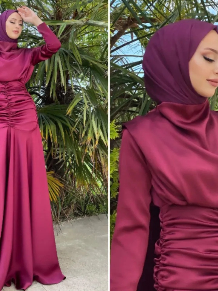 AHUNARE HIJAB - Dilara Cherry Satin Bridesmaid Dress, Muslim Evening Dress, Islamic, Engagement, Bridesmaid,, Prom Dresses,Long Dress,