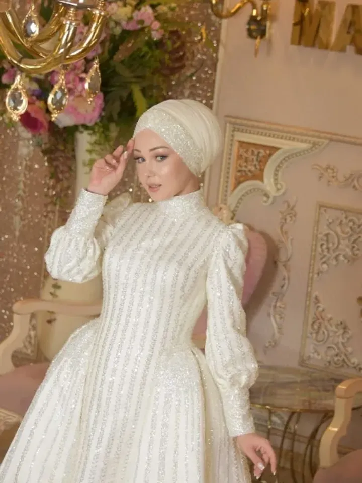 Hatun White Embroidered Bright Peplum Mermaid Wedding Gown, Bridal, Muslim Wedding, Hijab, White Wedding Dress, Islamic Wedding