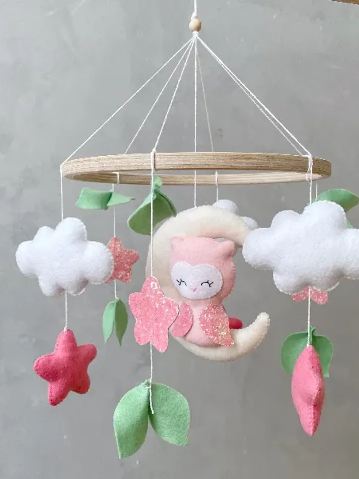 Owl crib mobile girl pink, Woodland baby mobile girl, Pink and mint nursery woodland decor