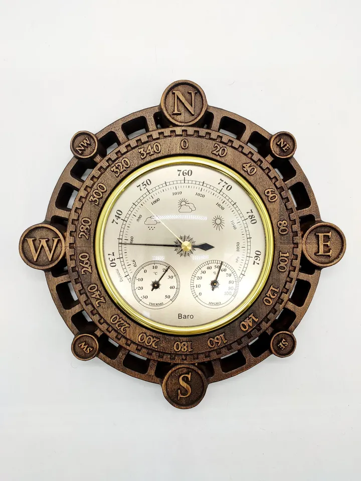 Barometer Hygrometer Thermometer, Weather Station; Wooden wall decor, Rustic decor, Wooden clock, Wooden Carver Panel, carved wall art