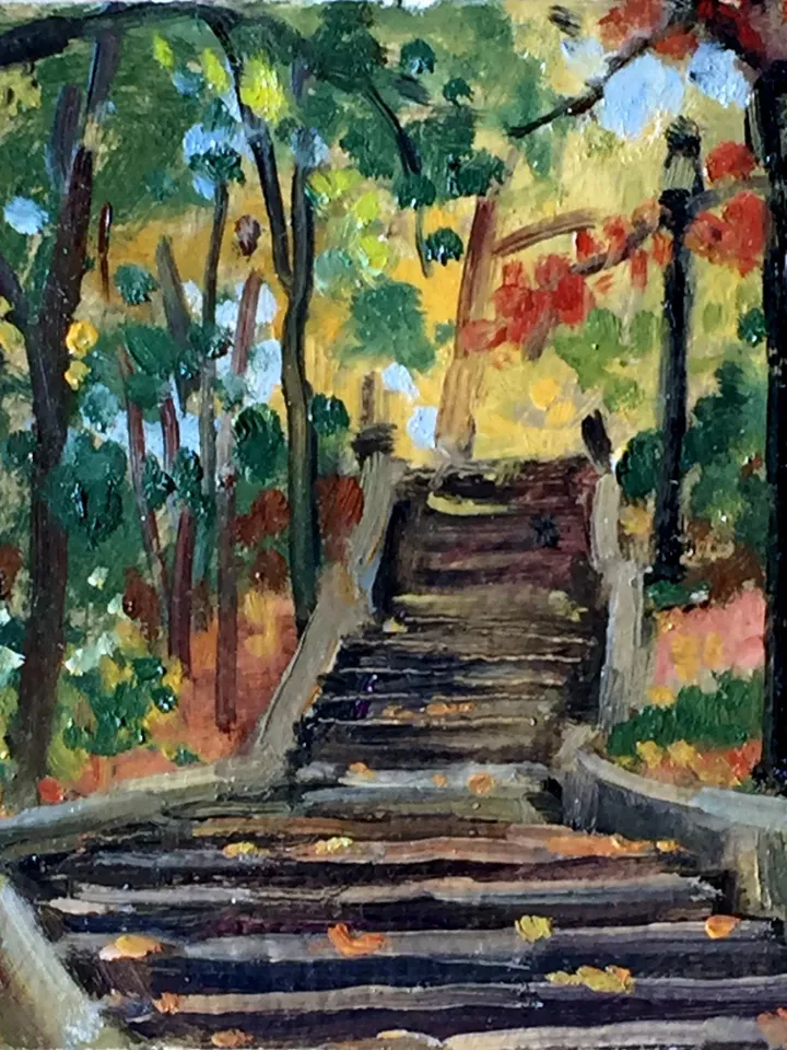 Small New York Park Landscape Painting - Isham Steps/Autumn - 6x6 Oil on Panel, Urban Impressionism, American Fine Art, Signed NYC Original