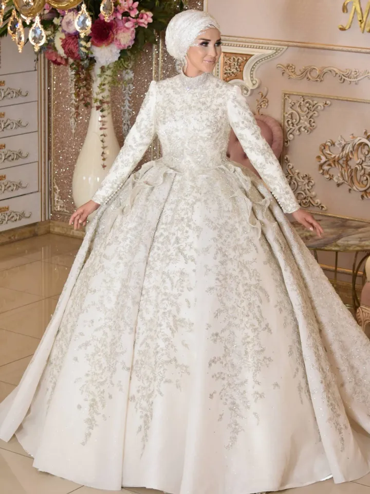 Anka White Peplum Embroidered Princess Wedding Gown, Bridal, Muslim Wedding, Hijab Wedding, White Wedding Dress, Islamic Wedding