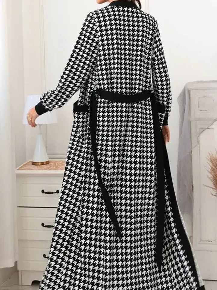 2Pc Set Co-Ord Houndstooth Open Front Pocket Belted Cardigan Coat & Pencil Dress