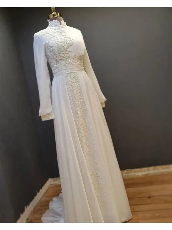AHUNARE HIJAB - Elit White Chiffon Tailed Wedding Dress, Muslim Evening Gown, Nikah, Islamic Wedding, Engagement, Bridesmaid,
