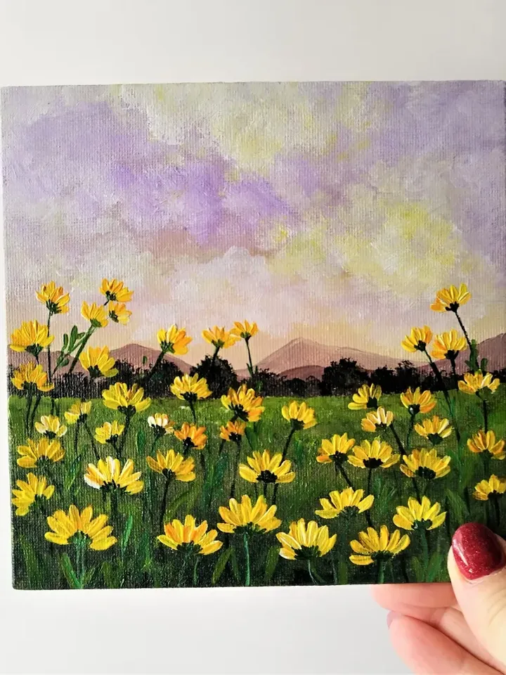 Acrylic Painting of a Landscape Sunset Field of Yellow Daisies