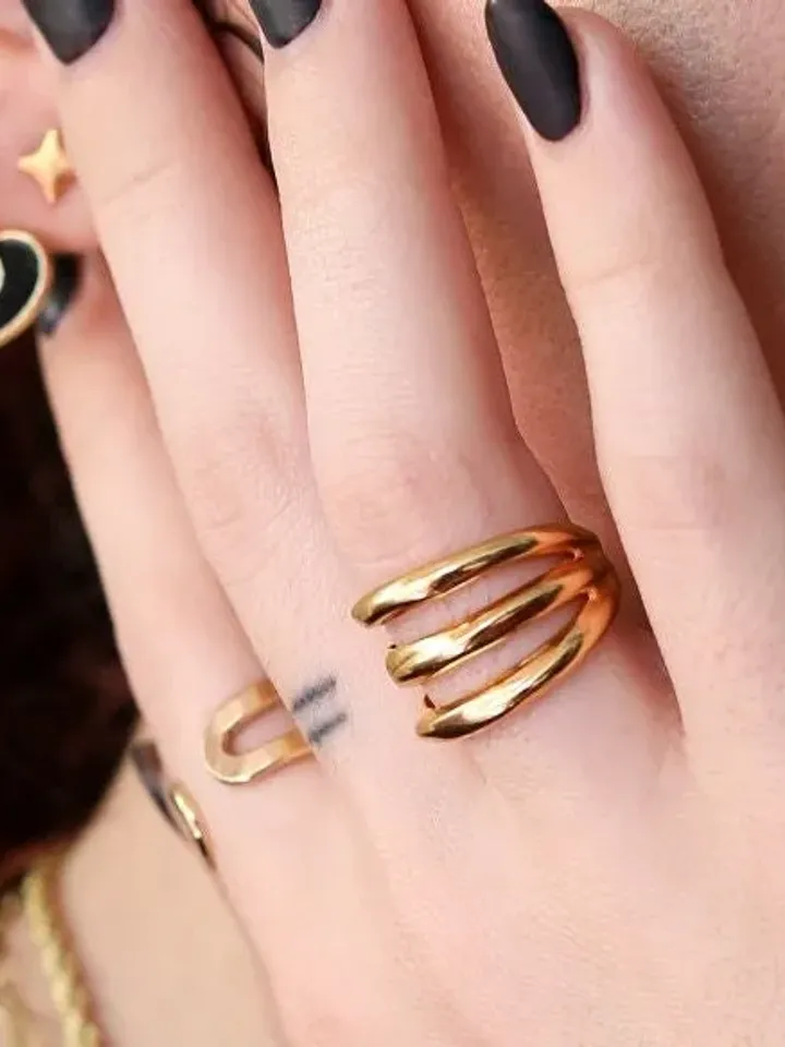 Three Lines Band Ring, Minimal Stacking Band Ring, Triple Parallel Ring, Gold Silver Statement Ring, Modern Open Cuff Ring, Band Jewelry