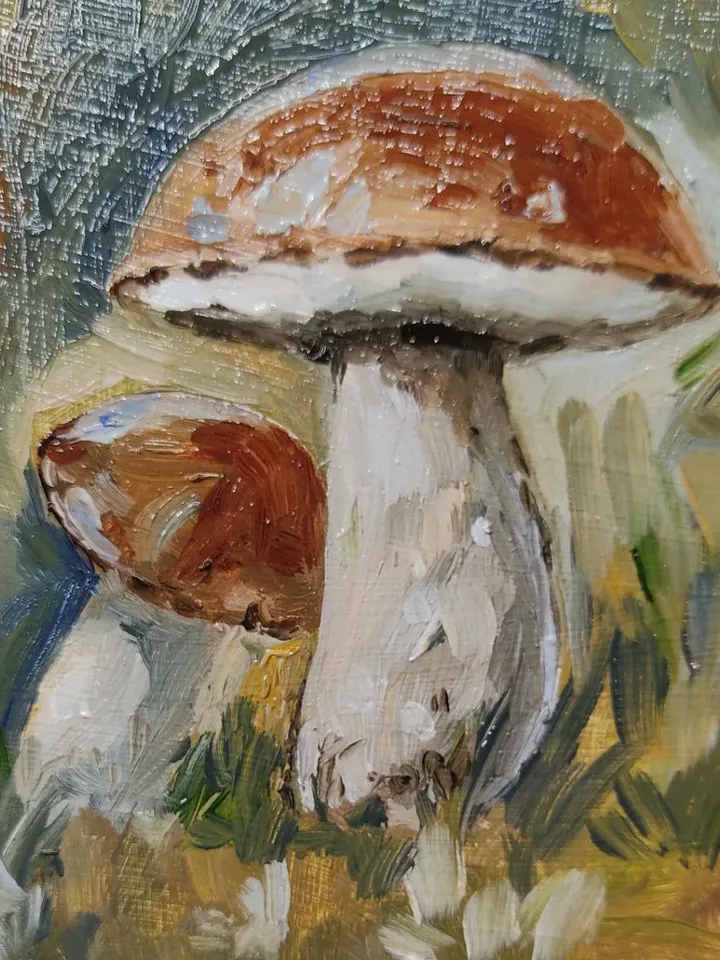 Mushrooms painting original oil art miniature framed ready to hang 4 by 4 forest artwork