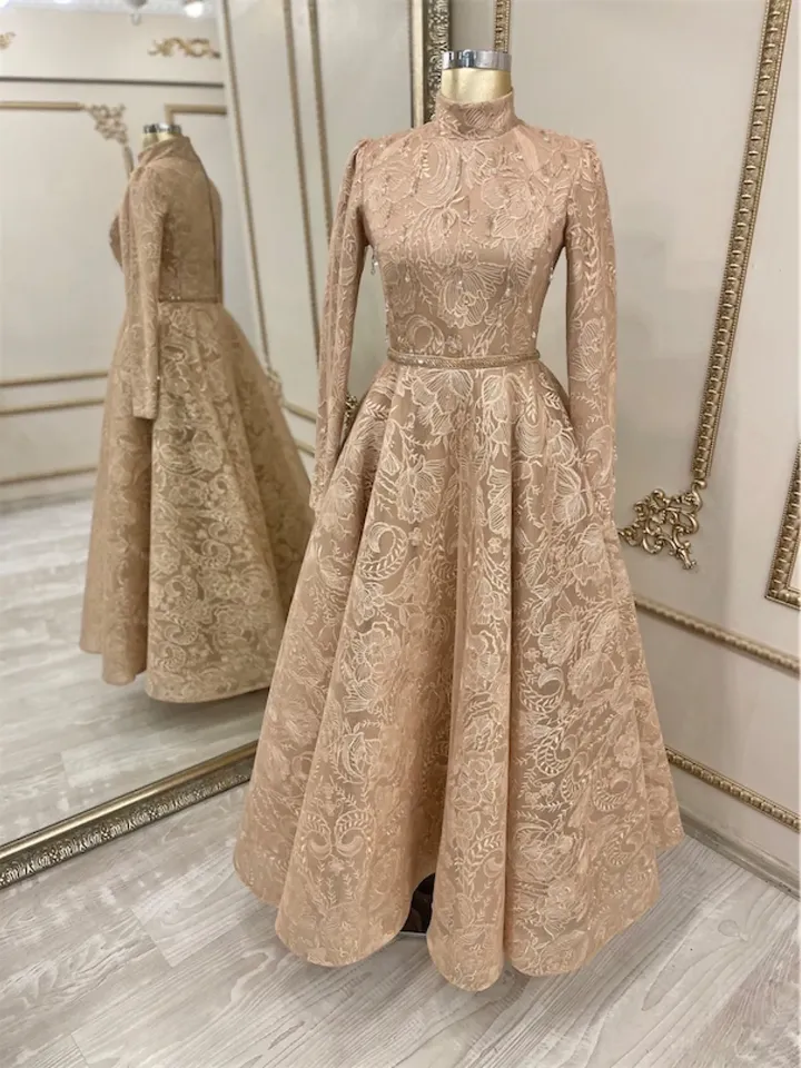 AHUNARE HIJAB - Burç Mink Lace Embroidered Wedding Dress, Muslim Evening Gown, Nikah, Islamic Wedding, Engagement, Bridesmaid,
