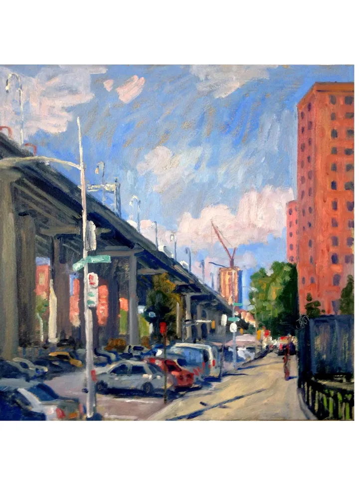 Original NYC Cityscape Painting - Williamsburg Bridge Delancey St/LES/NYC - 14x14 Oil on Panel, Original Urban Impressionist Landscape