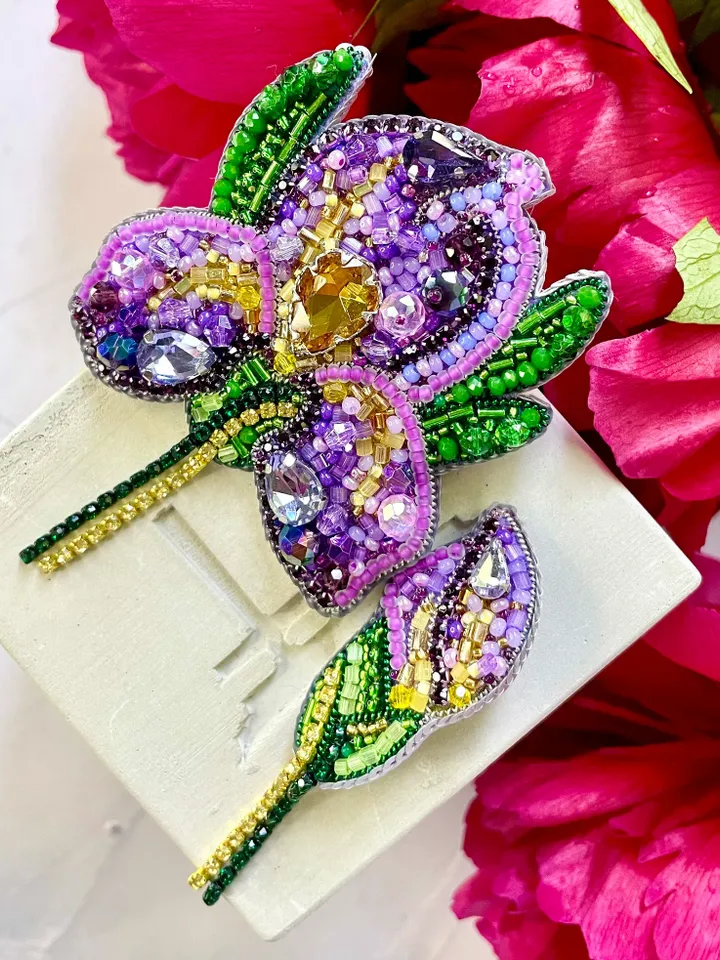 Iris Set of Beaded Brooches, Handmade Embroidered Accessory, Pin Flower of Purpel and Golden Colors, Flower Brooch