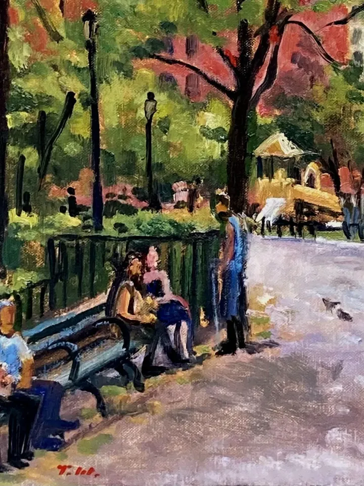 Large New York Cityscape Painting -From Tompkins Sq Park/East Village NYC- 16x16 Oil on Canvas, Urban Impressionist Signed Original