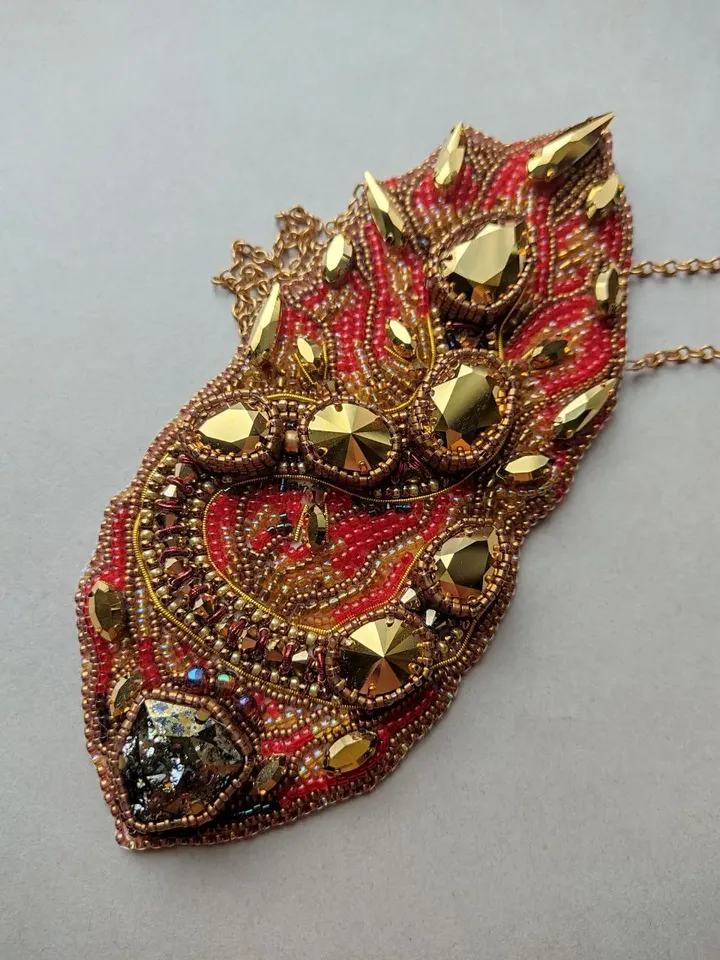Gold salamander necklace beaded crystal necklace embroidered red pendant