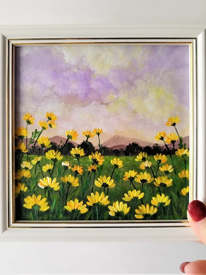 Acrylic Painting of a Landscape Sunset Field of Yellow Daisies