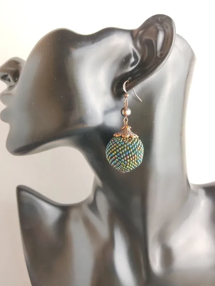 Green earrings balls with pearls earrings beaded earrings dangling drop earrings