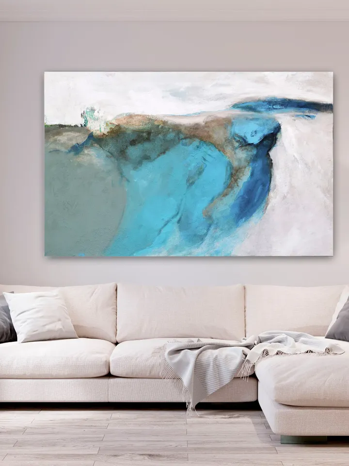 Large Abstract Landscape Painting, Light Blue Wall Art, Large Canvas Painting Art for Living Room, Nordic Style Canvas Art