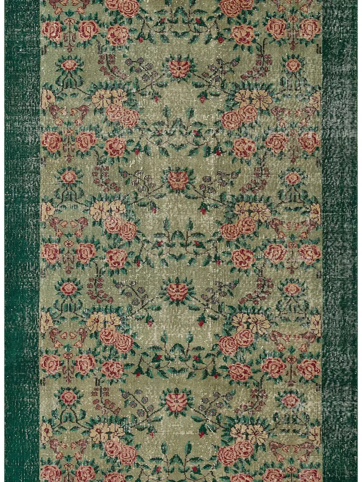 Antique Turkish Floral Rug: Classic Beige with Green Frame, 5.2x8.2ft Worn & Timeless Beauty