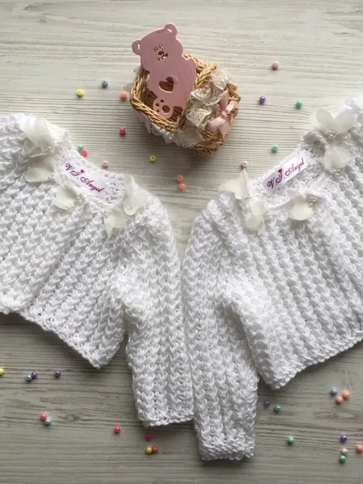 Knit jacket for baby girl. White knit jacket with 3d flowers for baby girl.